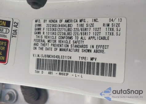 2013 Honda Cr-V Ex из США, поврежденный, VIN 5J6RM3H54DL031134